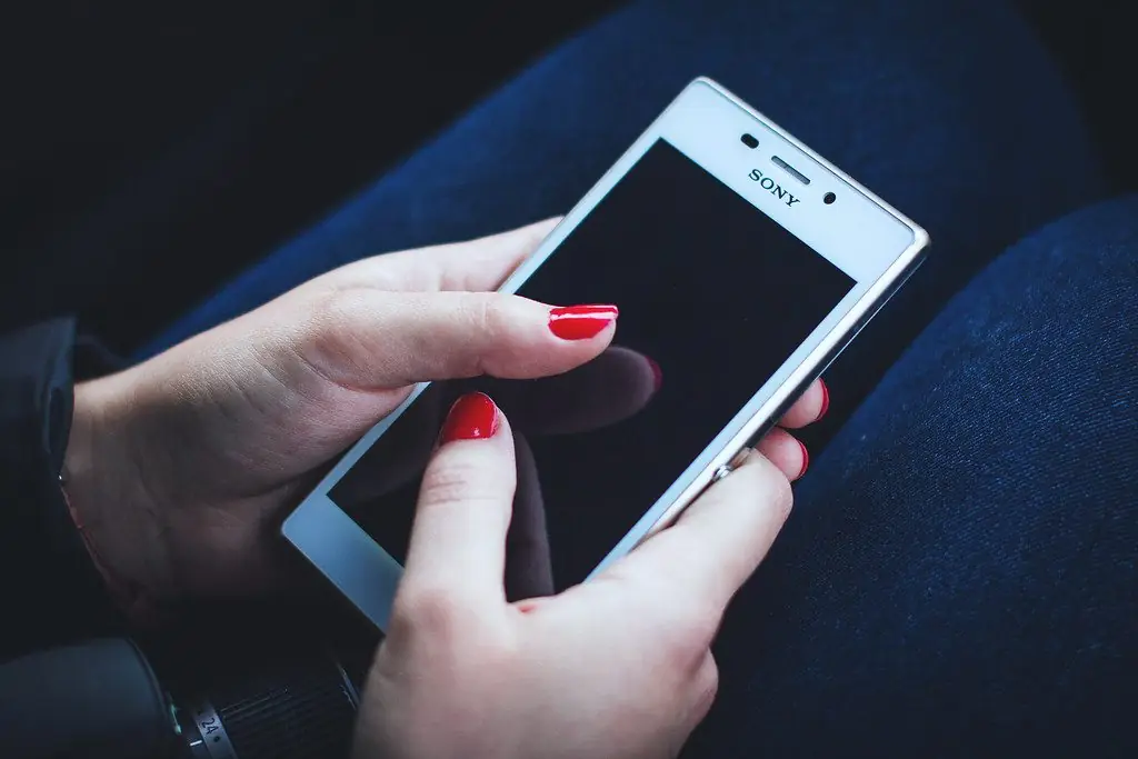 Manos sosteniendo un teléfono celular